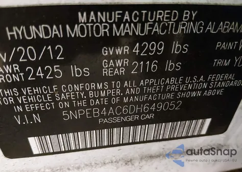 2013 Hyundai Sonata Gls from USA, damaged, VIN 5NPEB4AC6DH649052